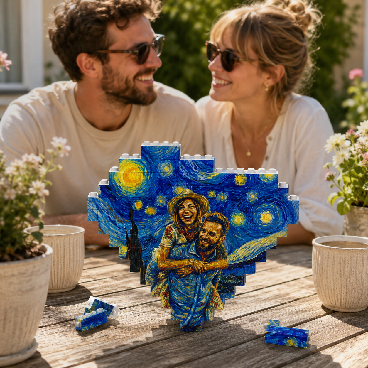 Personalized Couple Photo Van Gogh Building Blocks Custom Starry Night Painting Puzzle Anniversary Gift for Lovers - NameNecklaceAU