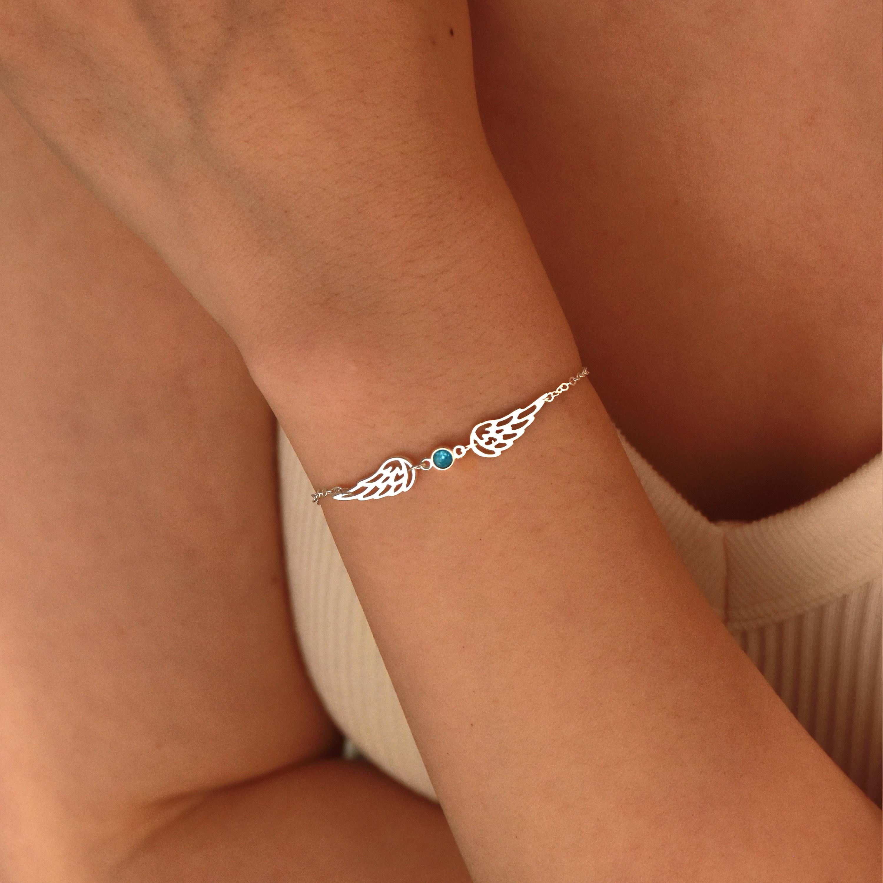 Personalized Birthstone Angel Wing Bracelet Custom Birth Month Gem Adjustable Wing Bracelet Guardian Angel Wing & Birthstone Charm