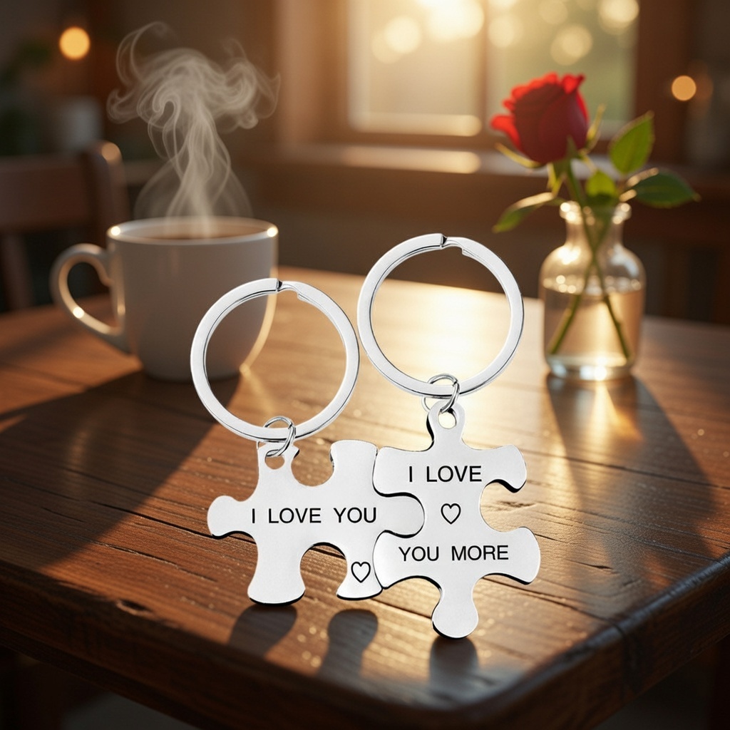Romantic Matching Puzzle Piece Keychain Set Engraved With His Queen And Her King Perfectly Interlocking Pieces That Symbolize Two Halves Of a Whole - NameNecklaceAU