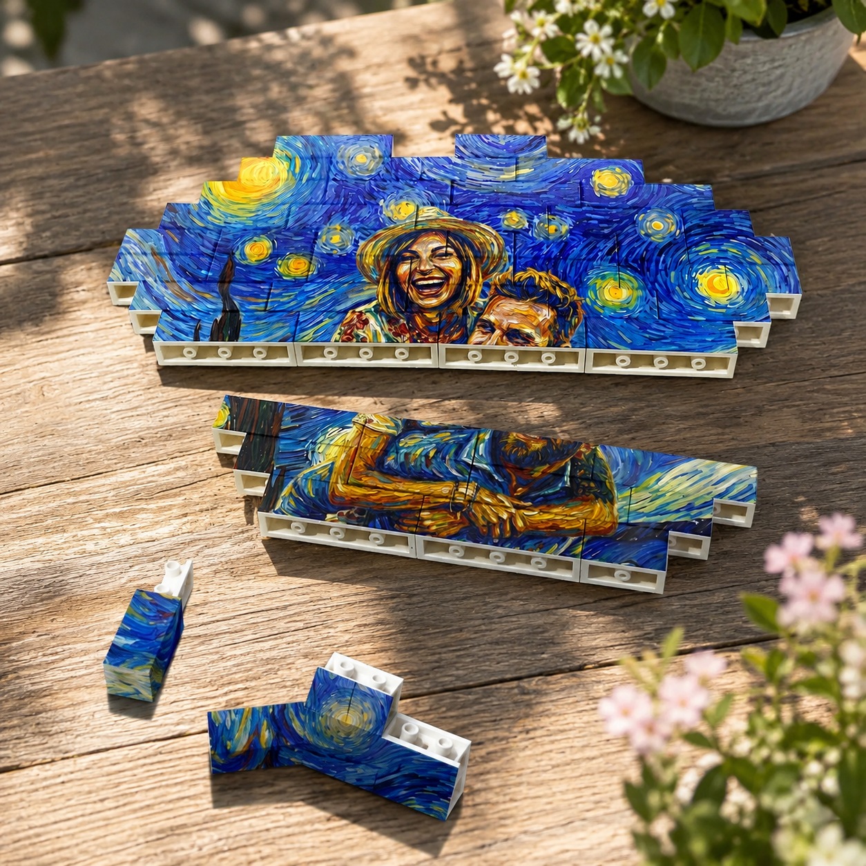 Personalized Couple Photo Van Gogh Building Blocks Custom Starry Night Painting Puzzle Anniversary Gift for Lovers - NameNecklaceAU