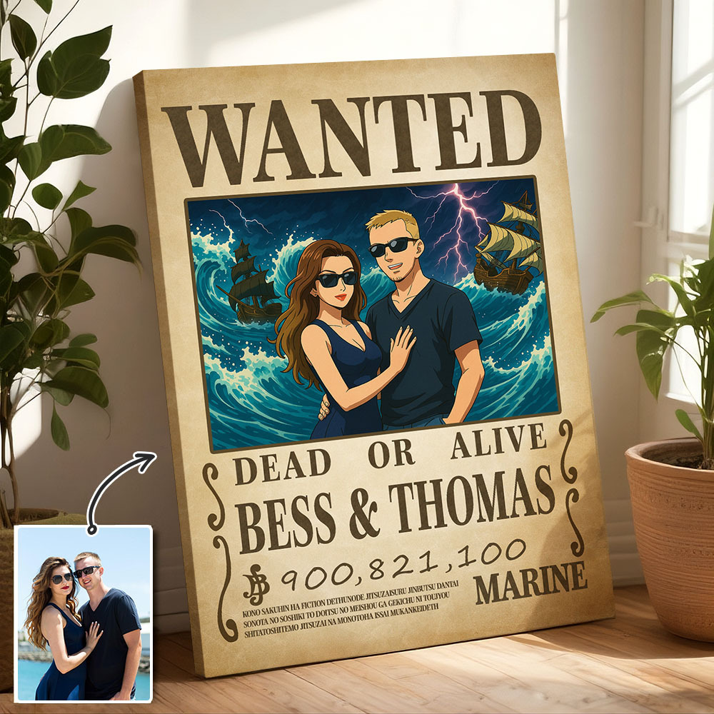 Custom Anime Bounty Couple Portrait Personalized Anime Style Wanted Poster Portrait Unique Captains' Couple Portrait - NameNecklaceAU