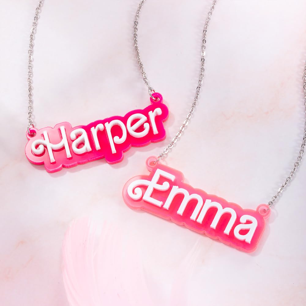 Personalized Pink and White Barbi Doll Acrylic Necklace with Name Birthday Valentine's Day Gift for Her