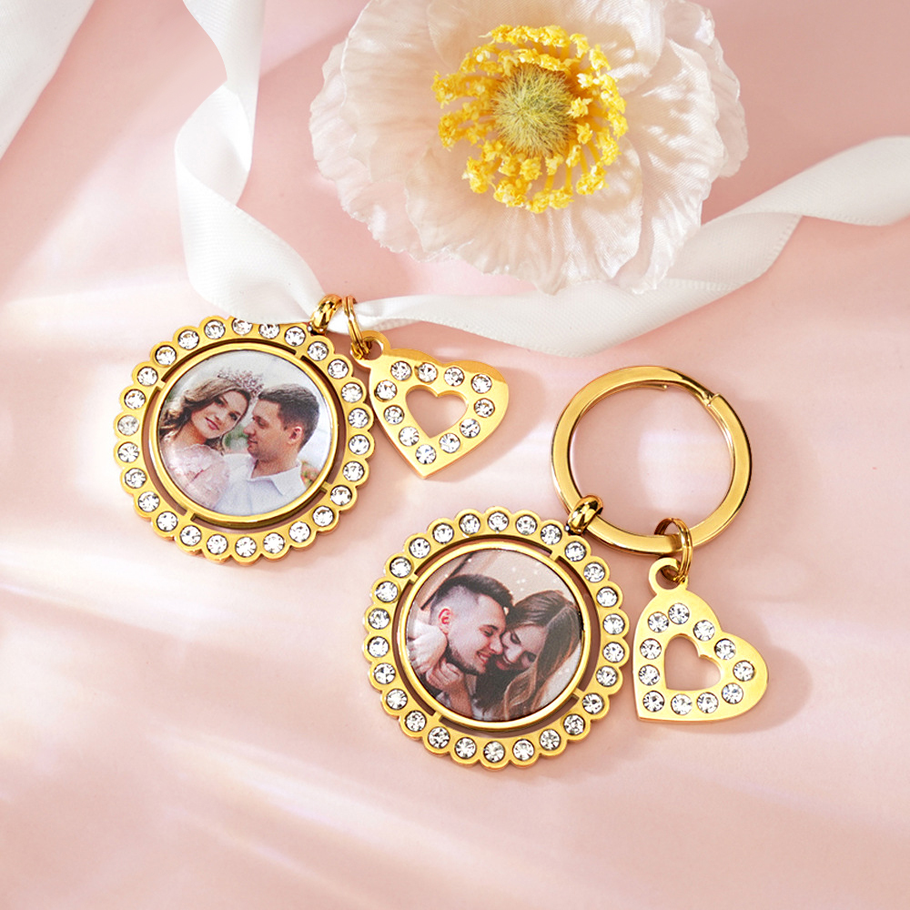 Custom Photo Keychain Personalized  Couples Photo Keyring with Bling Heart Engraved Picture Keychain Anniversary Gift Valentine's Day Gift - NameNecklaceAU