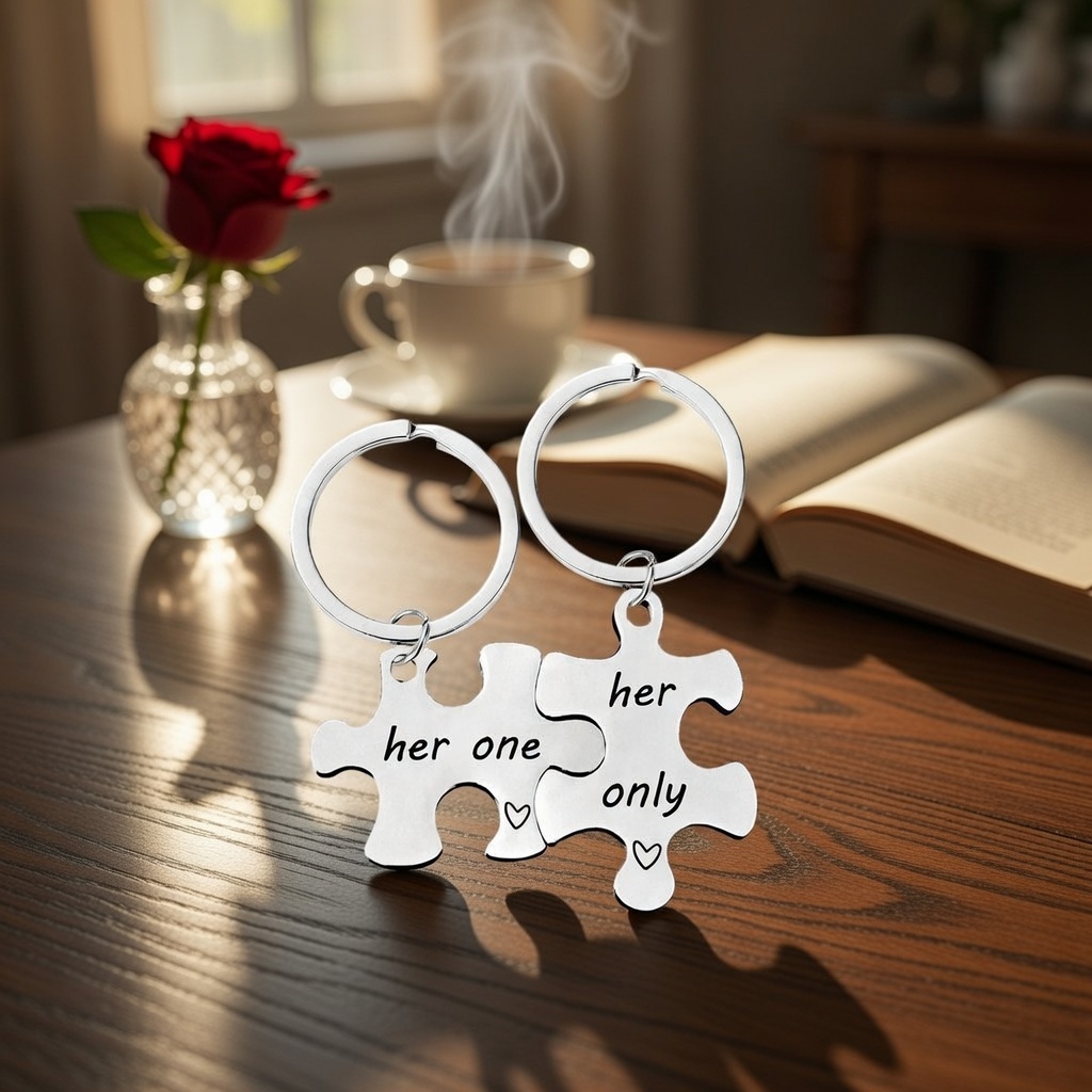 Romantic Matching Puzzle Piece Keychain Set Engraved With His Queen And Her King Perfectly Interlocking Pieces That Symbolize Two Halves Of a Whole - NameNecklaceAU