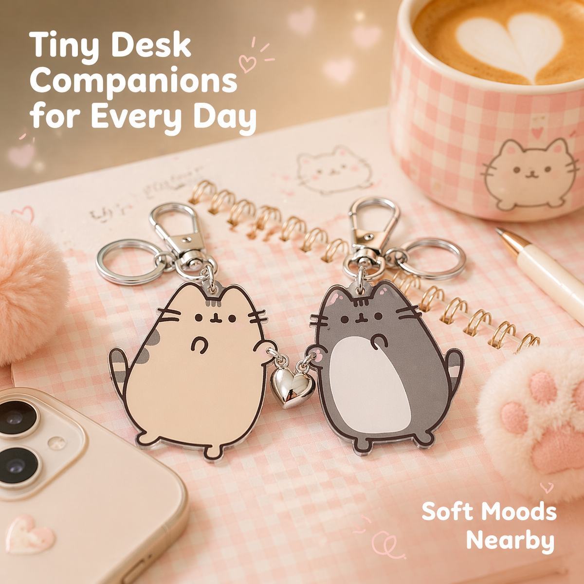 Magnetic Couple Keychain Cute Chubby Cats Matching Heart Keyring Set Gifts For Lovers - NameNecklaceAU