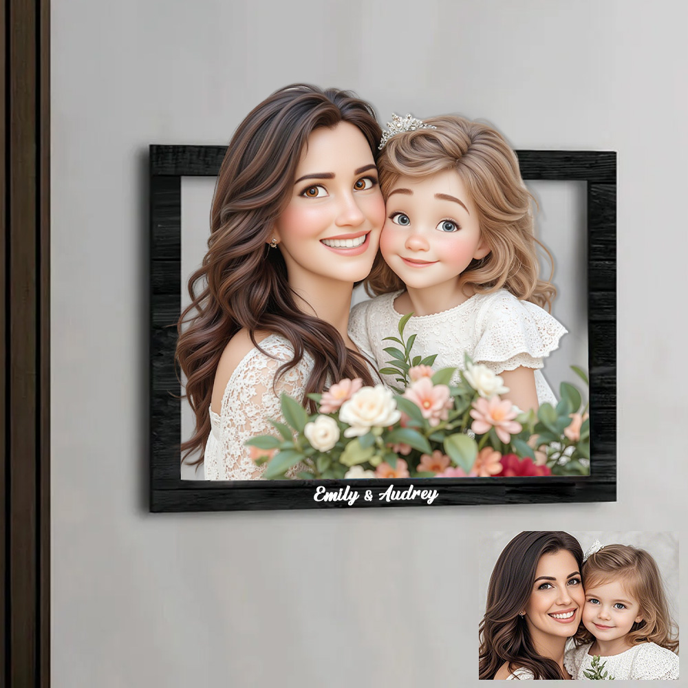 Mother's Day Gift Personalized Cartoon Style 3D Photo Wooden Frame Sign, Custom Family Photo 3D Cartoon Portrait Gift Comic Photo Frame