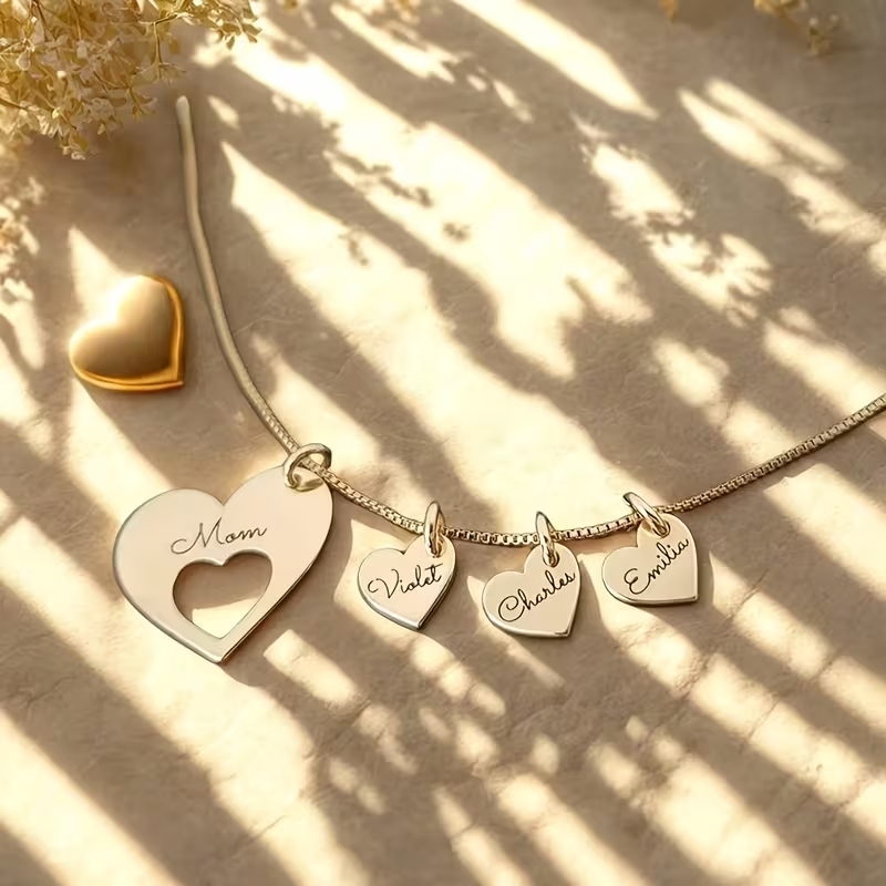 Personalized Family Heart Necklace – Large Pendant with Optional Kids’ Name Mini Heart Charms for Moms - NameNecklaceAU