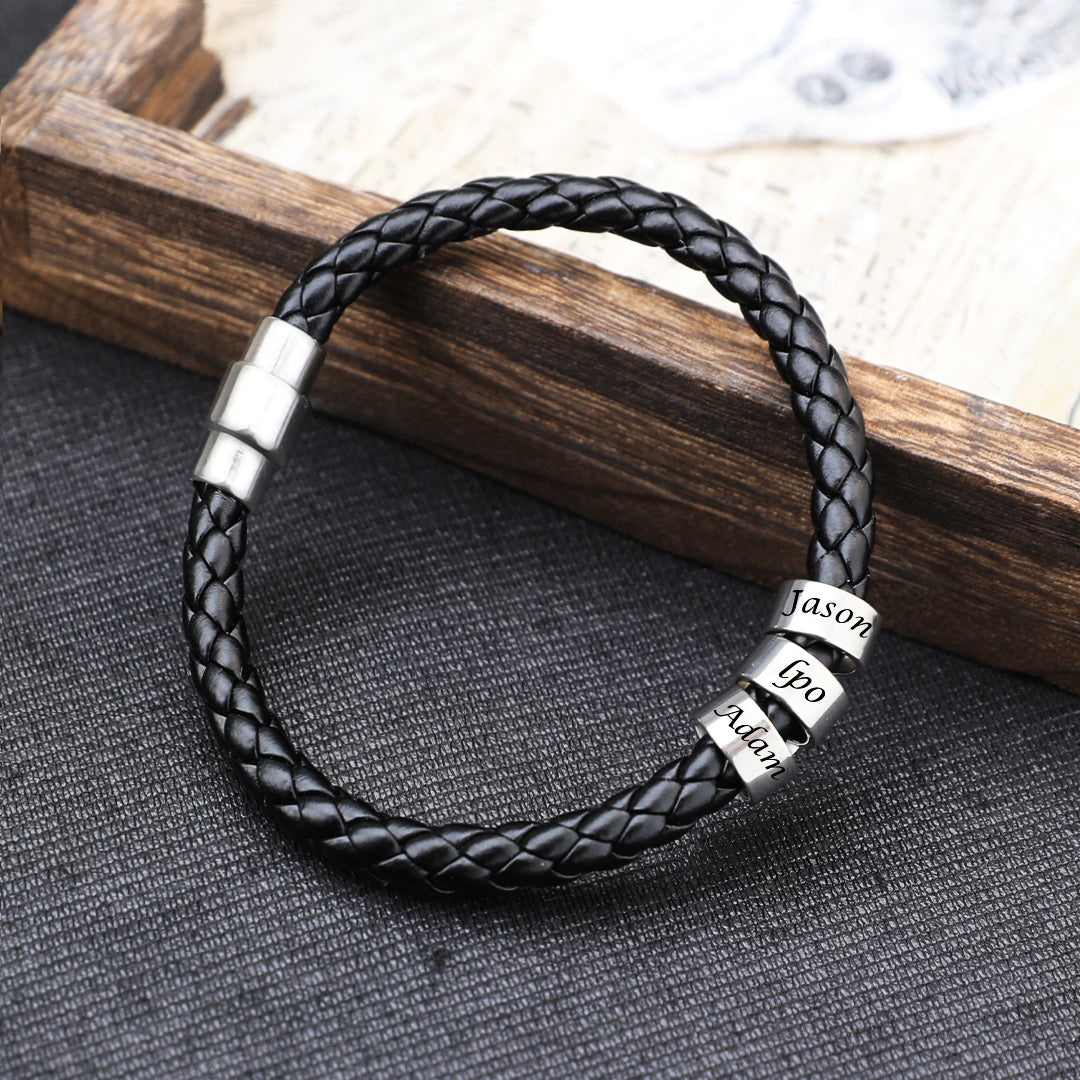Christmas Gift Men's Leather Bracelet Custom Engraved Bracelet Black Leather Beads for Him 1-6 Charms