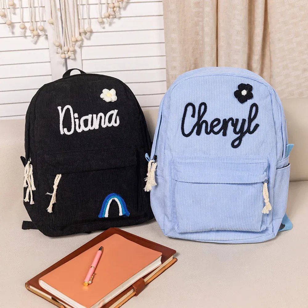 Personalized Braided Flower Rainbow Name Corduroy Kid Toddler Backpack for Preschool Kindergarten Birthday Back to School Gift for Boys Girls - NameNecklaceAU
