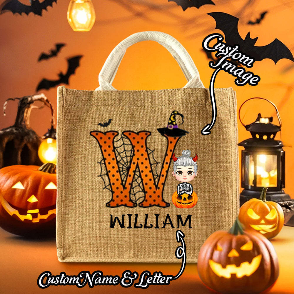 Personalized Cartoon Character Pumpkin Design Trick or Treat Candy Jute Tote Bag with Initial & Name Halloween Party Favors Gift for Kids - yournamenecklaceau
