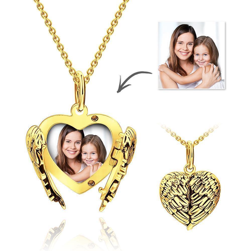 Engravable Photo Locket Necklace Heart Angel Wings Couple's Gifts Gold Plated Silver - yournamenecklace