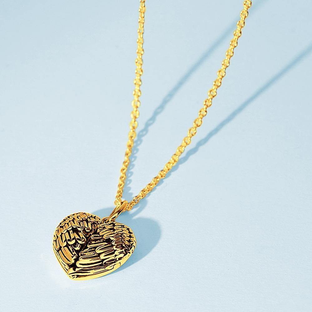 Engravable Photo Locket Necklace Heart Angel Wings Couple's Gifts Gold Plated Silver - yournamenecklace