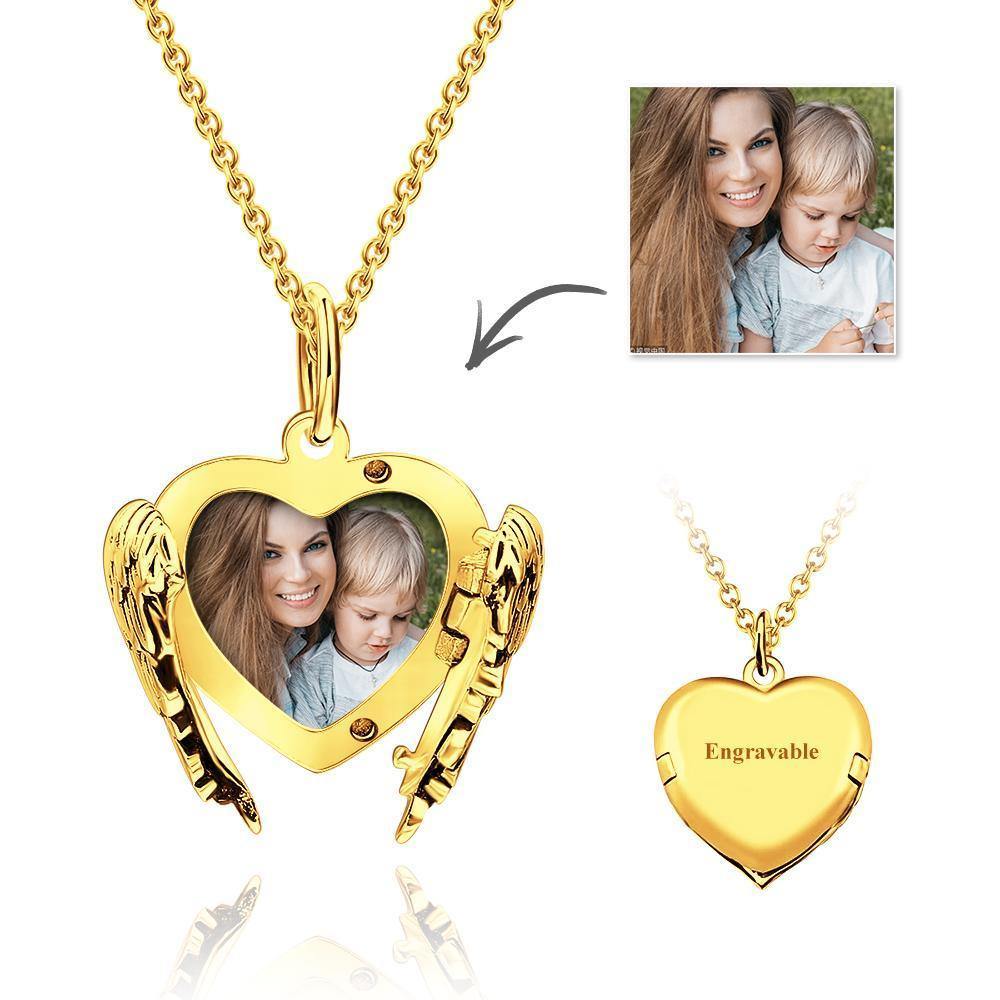 Custom Engravable Photo Locket Necklace Heart Angel Wings Gold Plated Silver Mother's Day Theme Gift - yournamenecklace