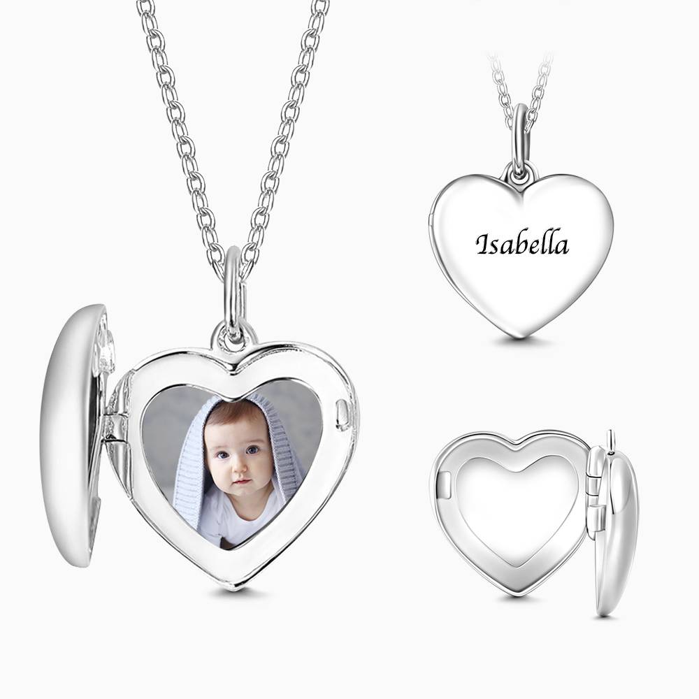 Personalized Gift Children's Heart Photo Locket Necklace with Engraving Silver Christmas Gift