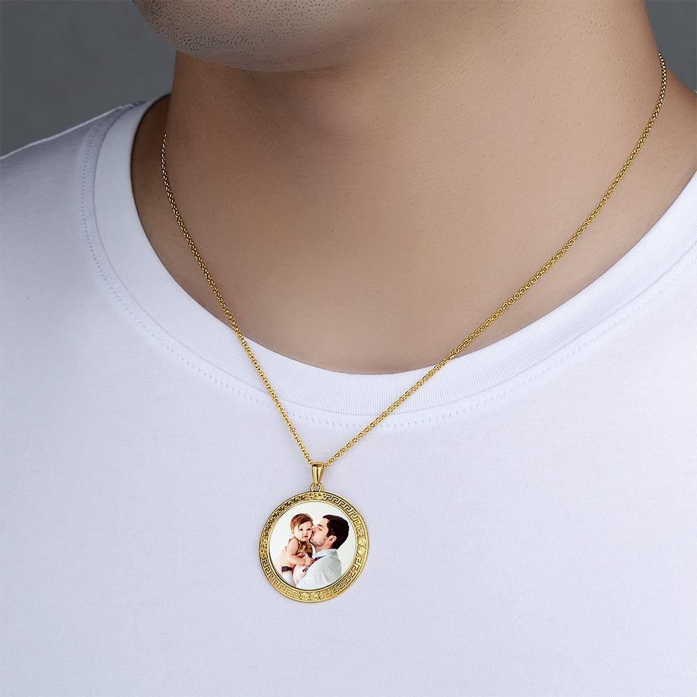 Men's Personalized Photo Engraved Necklace, Rhinestone Crystal Round Shape Photo Necklace 14 Gold Plated Golden - Colorful - yournamenecklace