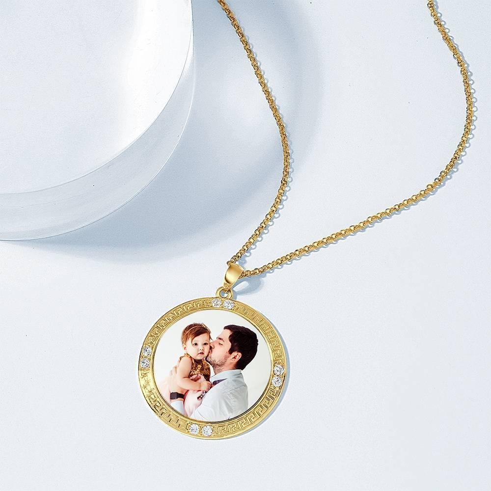 Men's Personalized Photo Engraved Necklace, Rhinestone Crystal Round Shape Photo Necklace 14 Gold Plated Golden - Colorful - yournamenecklace