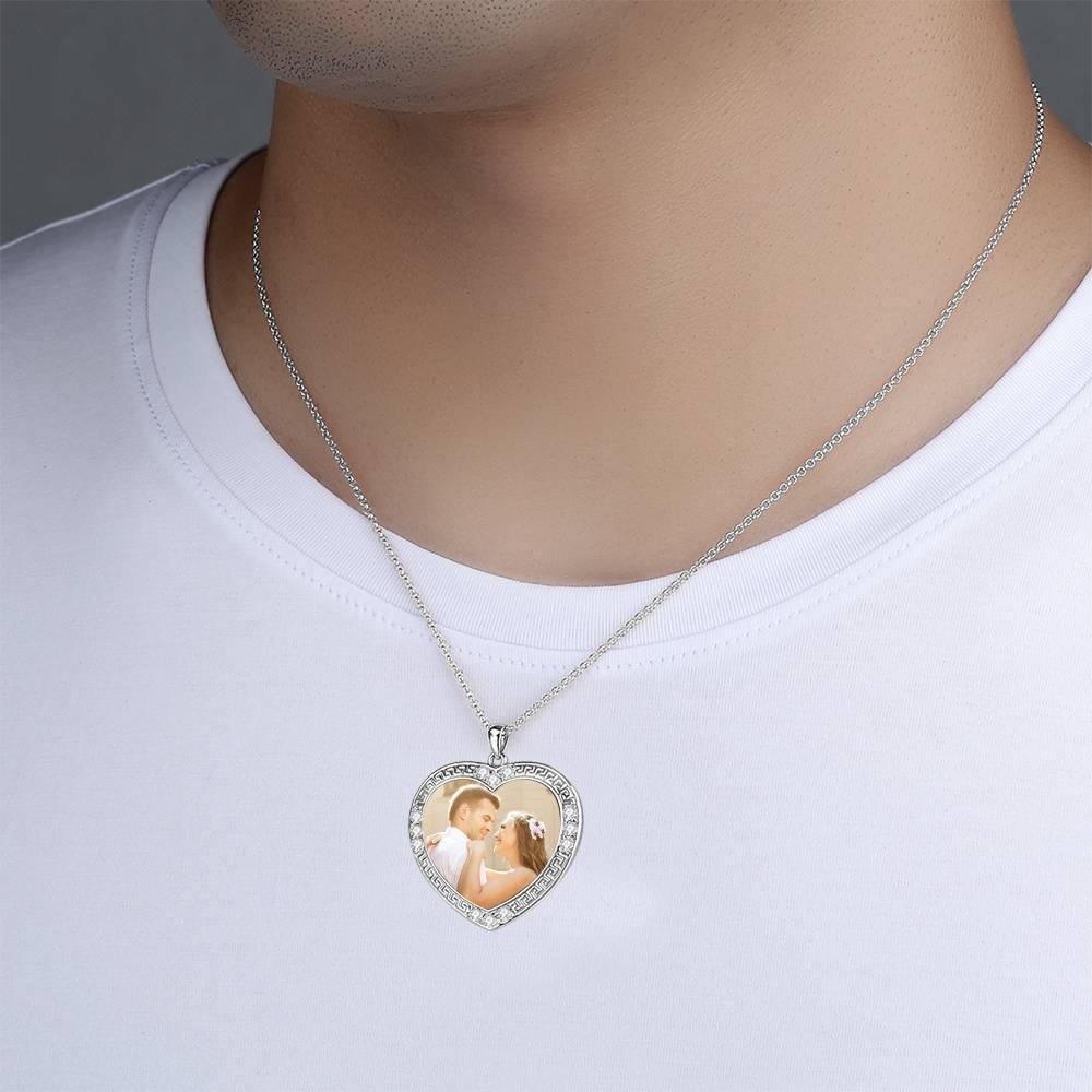 Men's Personalized Photo Engraved Necklace, Rhinestone Crystal Heart Shape Photo Necklace Platinum Plated Silver - Colorful - yournamenecklace