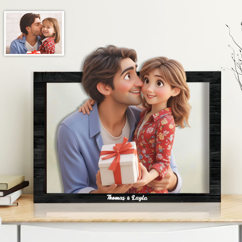 Father's Day Gifts Personalized 3D Cartoon Style Family Photo Frame Wooden Sign Gift for Dad Unique Custom Portrait - NameNecklaceAU