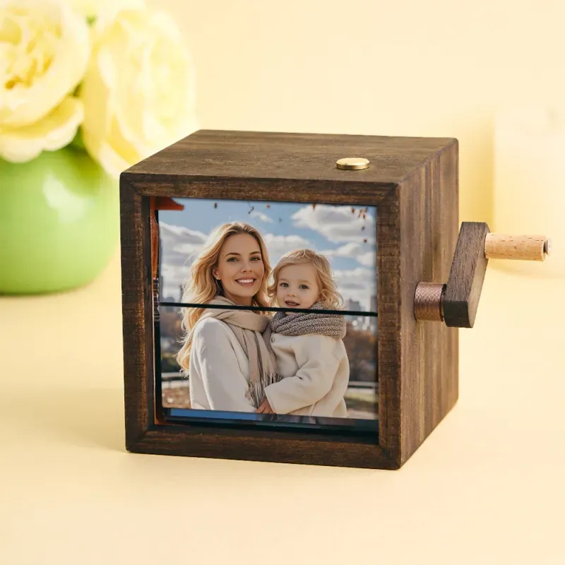 Mother's Day Gifts Flip Book Frame Animation Machine Mechanical Hand-cranked Custom Photo Album with Light Black Walnut Baby Photo Cube Frame - NameNecklaceAU