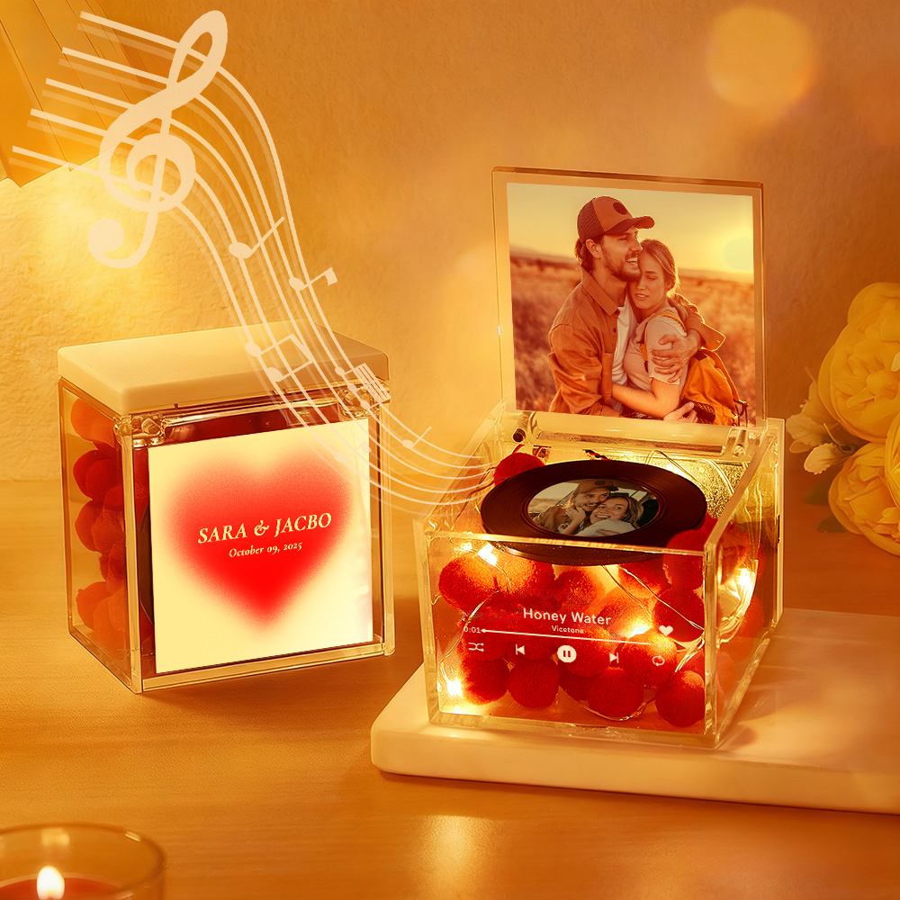 Premium Mini Music Record Auto-Music Player Custom Photo with Light Personalized Music Acrylic Box - NameNecklaceAU