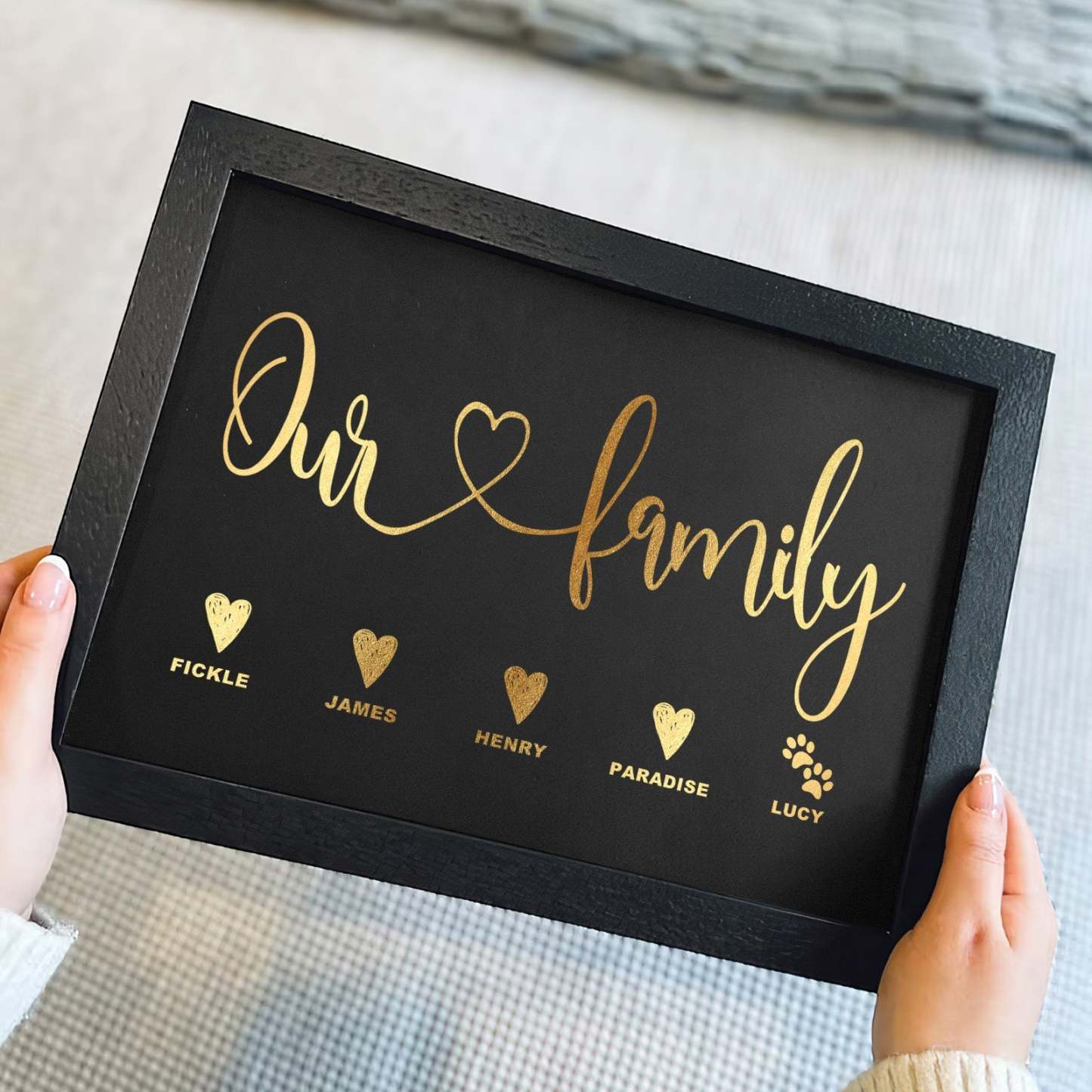 Custom Name Metallic Foil Print Wooden Frame Personalized Name With Heart Or Paws Family Gift - yournamenecklaceau