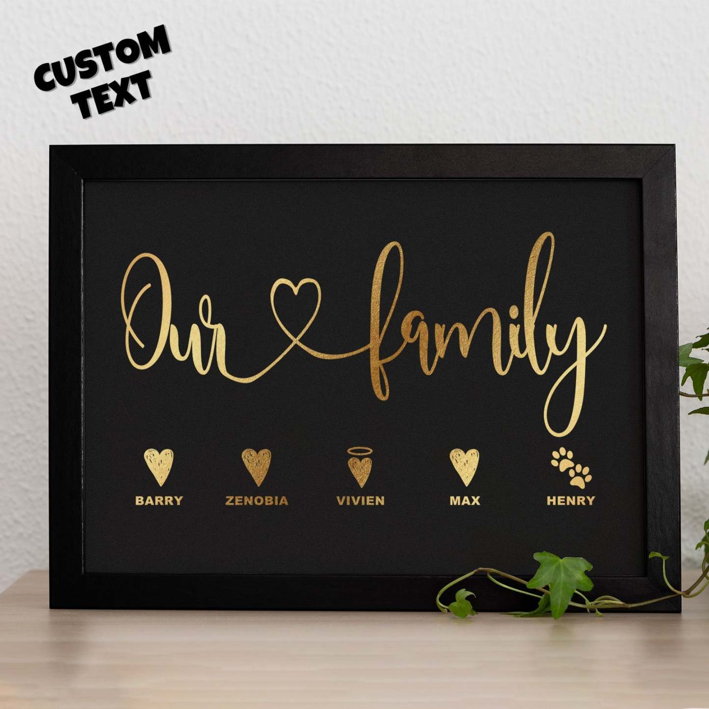 Custom Name Metallic Foil Print Wooden Frame Personalized Name With Heart Or Paws Family Gift - yournamenecklaceau
