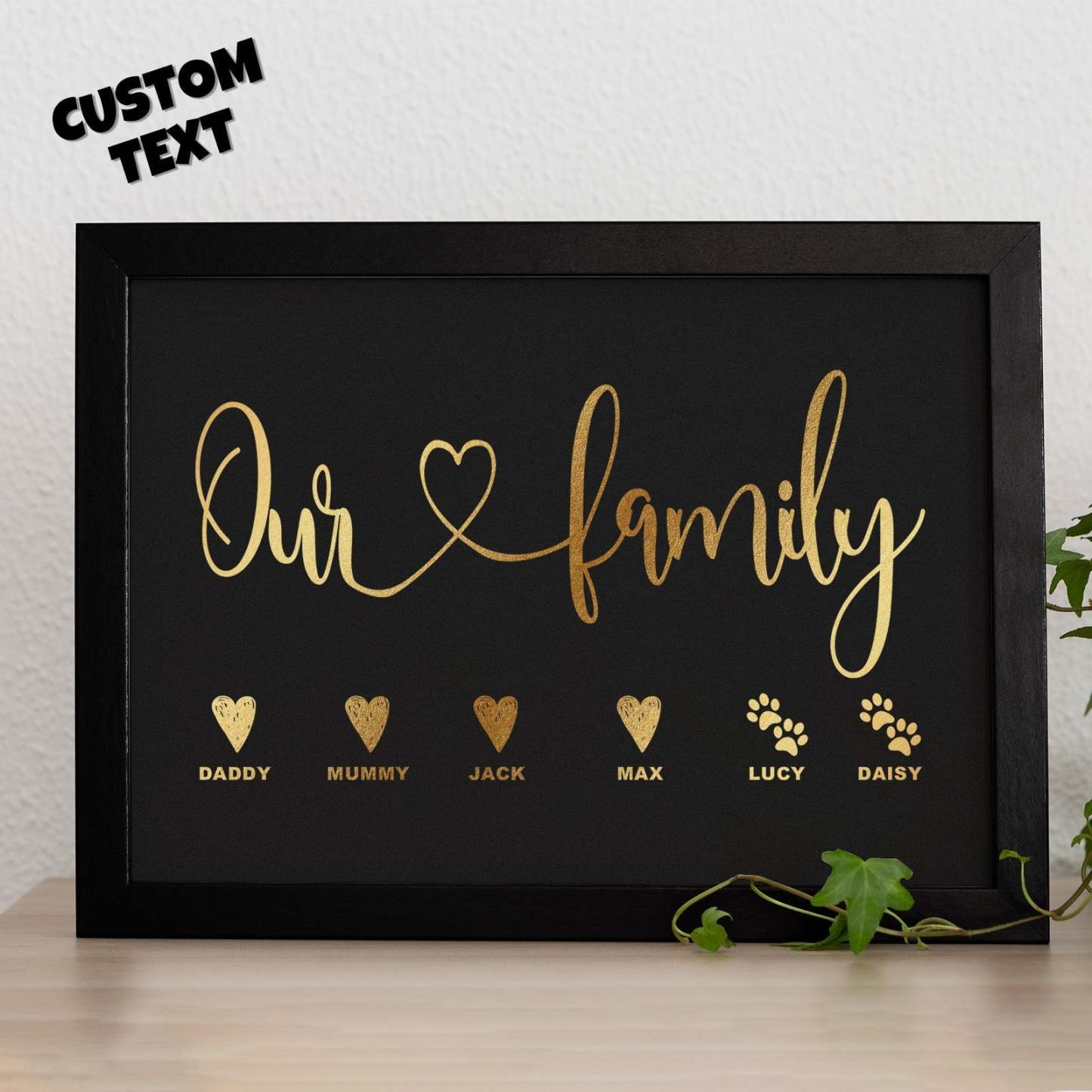 Custom Name Metallic Foil Print Wooden Frame Personalized Name With Heart Or Paws Family Gift - yournamenecklaceau