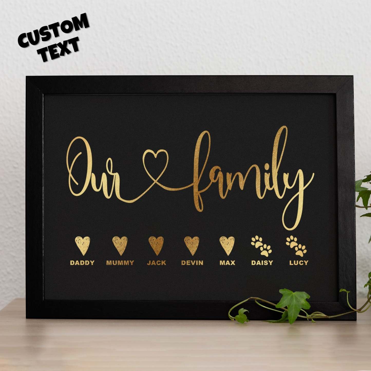 Custom Name Metallic Foil Print Wooden Frame Personalized Name With Heart Or Paws Family Gift - yournamenecklaceau