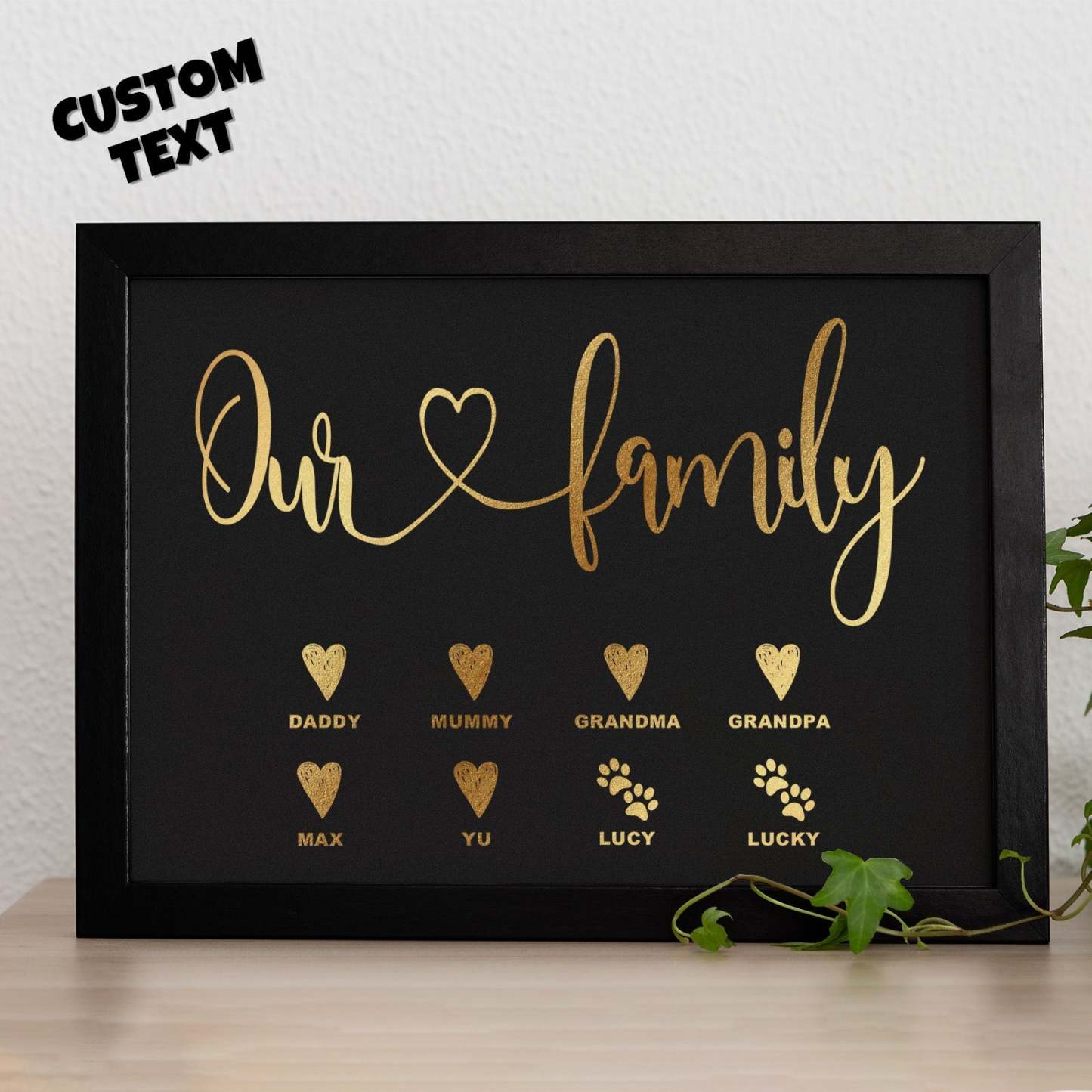 Custom Name Metallic Foil Print Wooden Frame Personalized Name With Heart Or Paws Family Gift - yournamenecklaceau