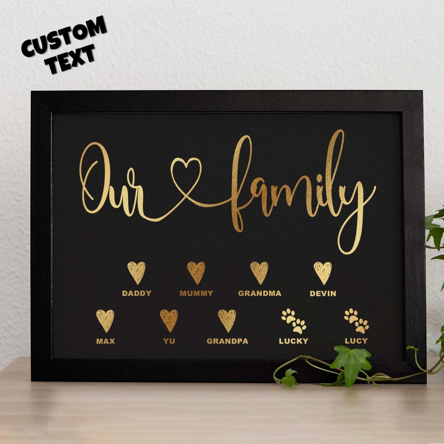 Custom Name Metallic Foil Print Wooden Frame Personalized Name With Heart Or Paws Family Gift - yournamenecklaceau