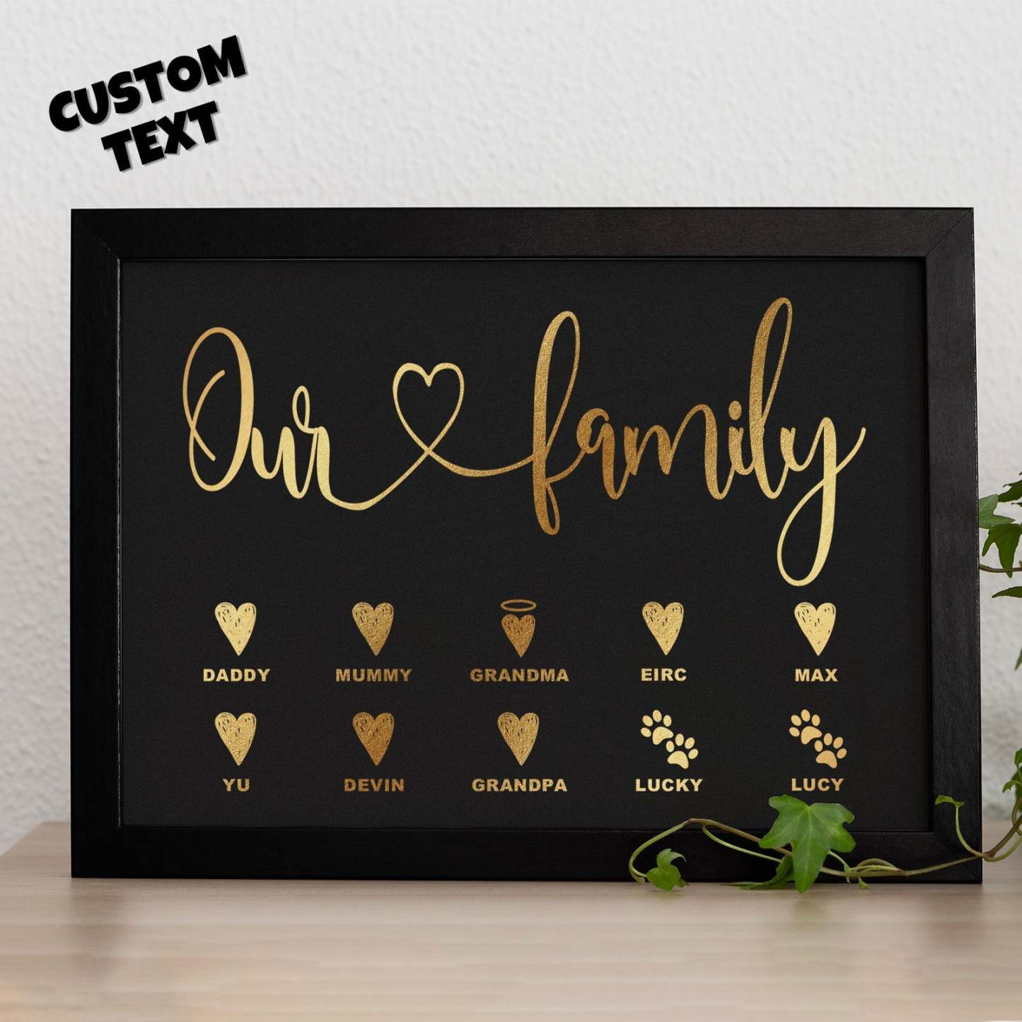 Custom Name Metallic Foil Print Wooden Frame Personalized Name With Heart Or Paws Family Gift - yournamenecklaceau