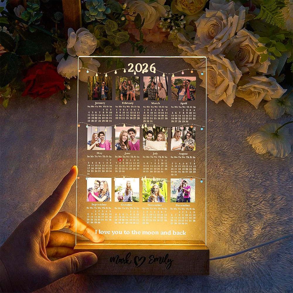 Valentine's Day Gifts Personalized Photo 2026 Calendar Light Custom Couple Picture Glow Night Light Desk Calendar 2026 New Year Gifts - NameNecklaceAU