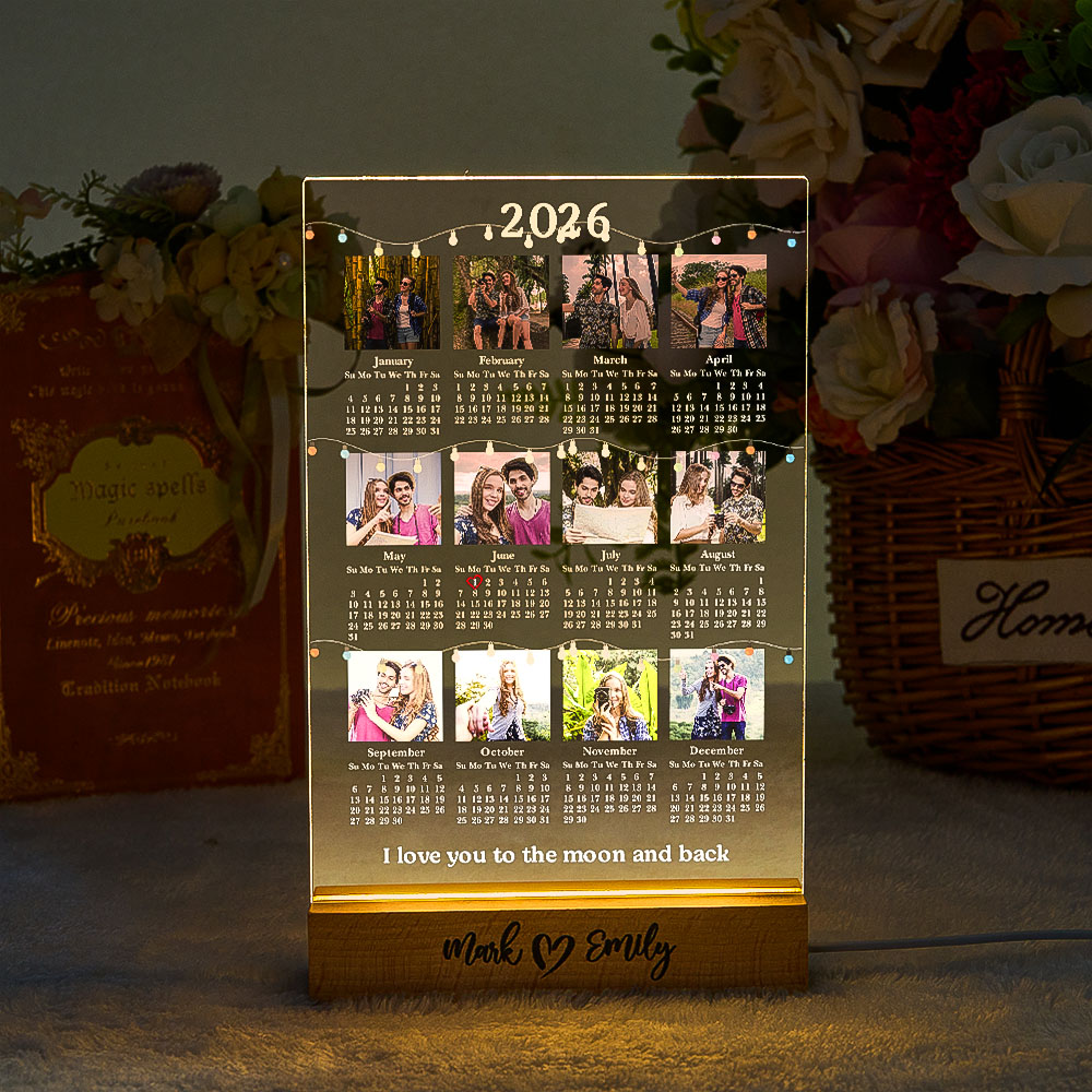 Valentine's Day Gifts Personalized Photo 2026 Calendar Light Custom Couple Picture Glow Night Light Desk Calendar 2026 New Year Gifts