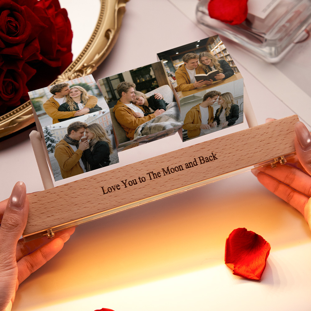 Personalized Wooden Photo Cubes on Stand Custom Photo Blocks Collage with Optional LED Light Base Three Flipping Wooden Photo Cubes - NameNecklaceAU