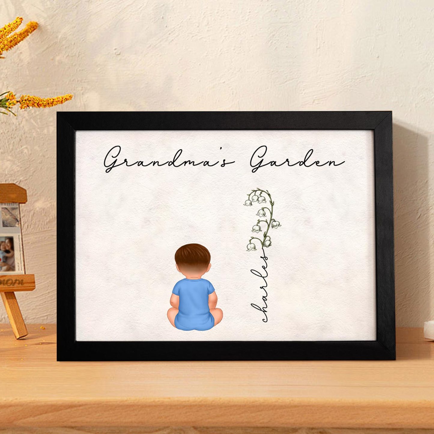 Custom Birth Month Flowers Garden With Grandkids Names Personalized Wooden Photo Frame Mother's Day Gift - yournamenecklaceau