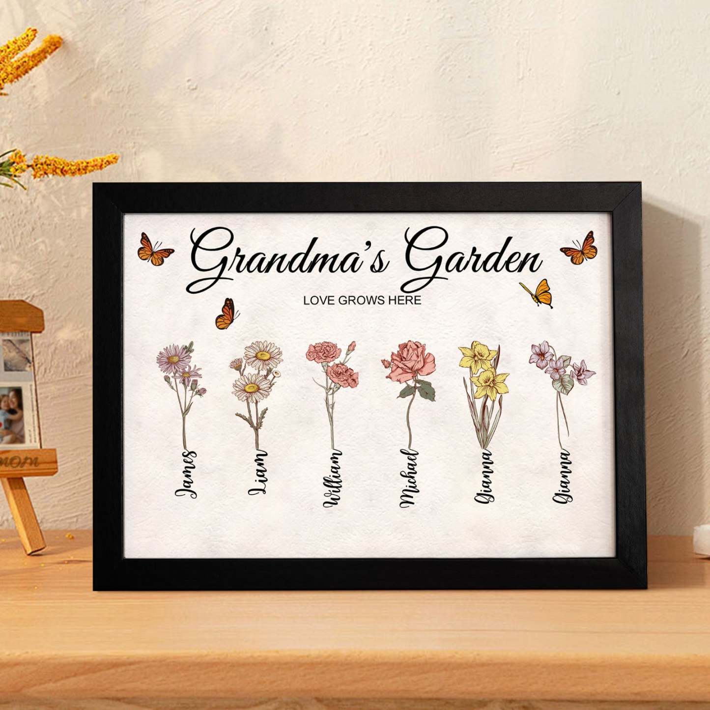 Custom Grandma's Garden Vintage Wooden Photo Frame Personalized Birth Flower Photo Frame Mother's Day Gift - yournamenecklaceau