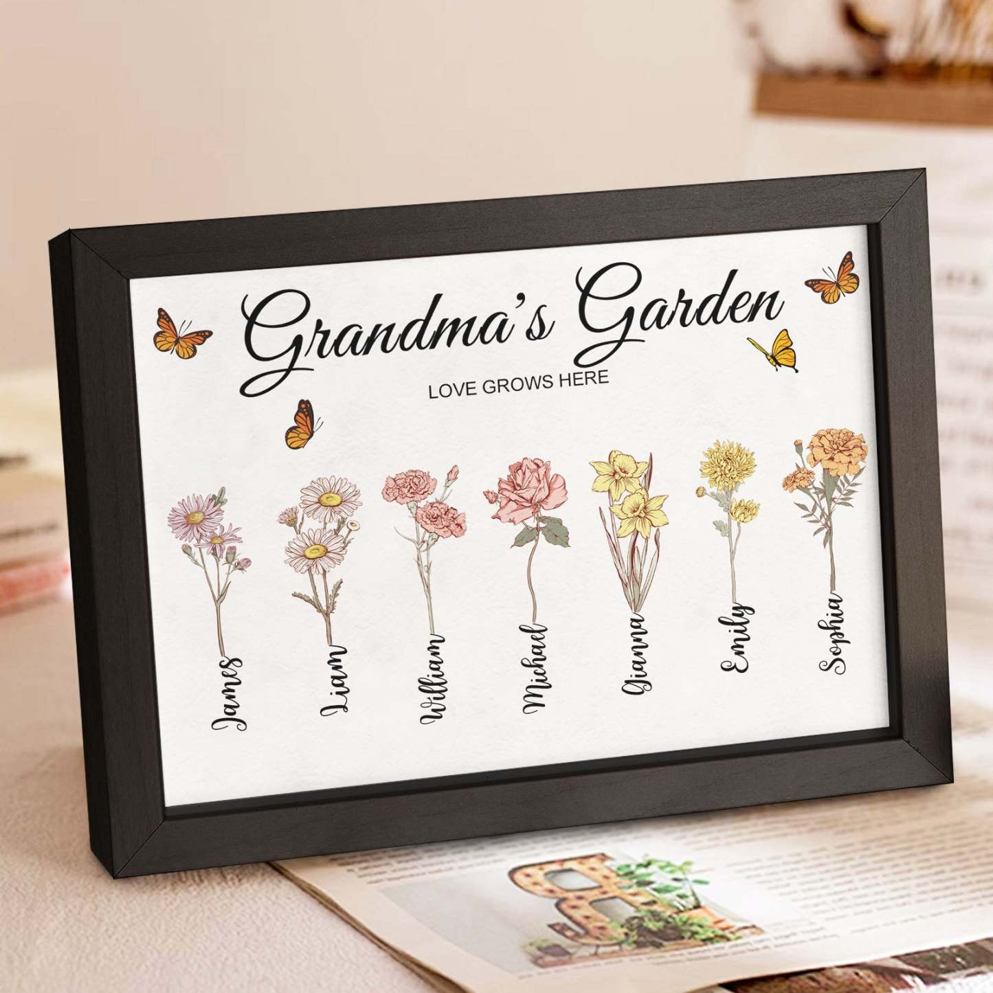 Custom Grandma's Garden Vintage Wooden Photo Frame Personalized Birth Flower Photo Frame Mother's Day Gift - yournamenecklaceau