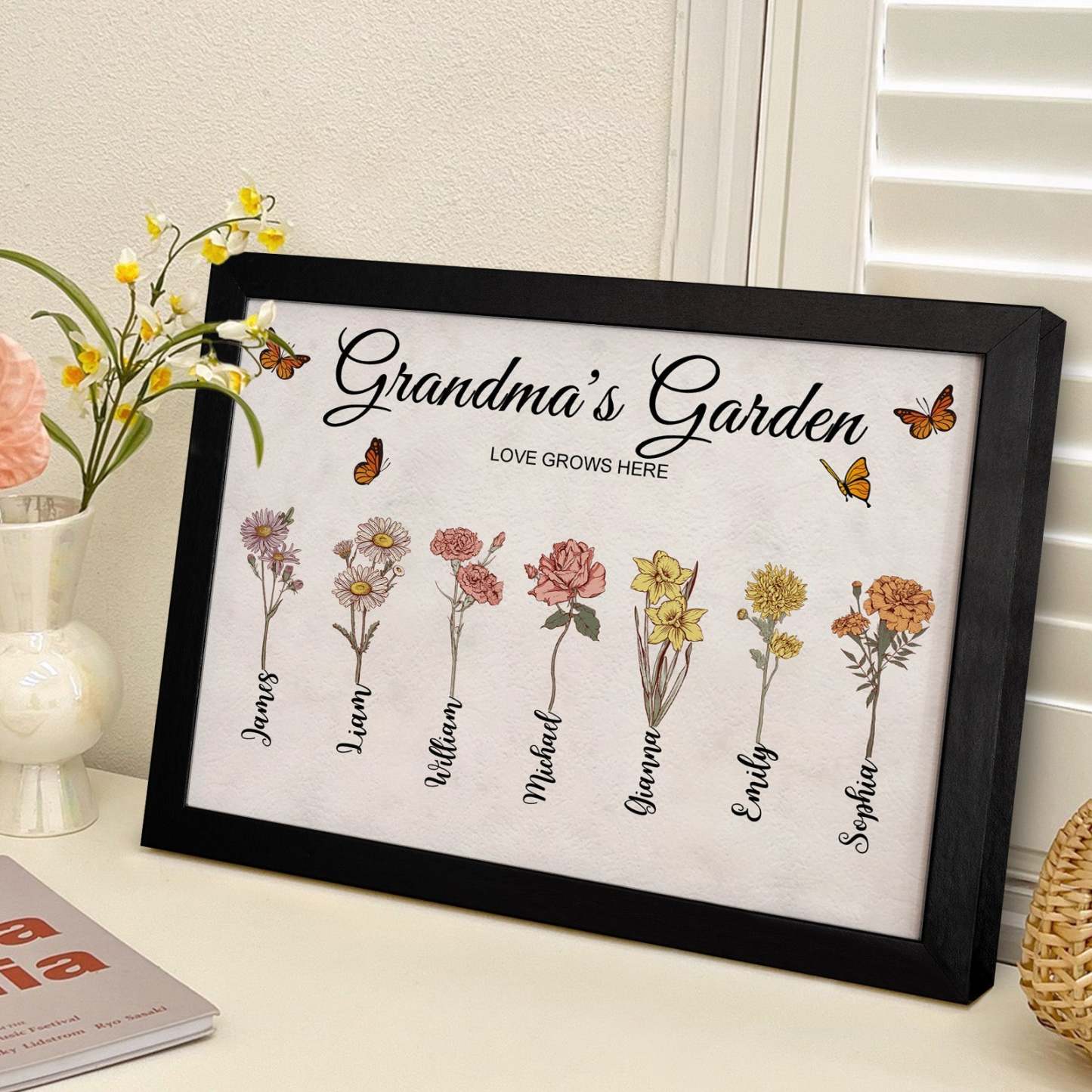Custom Grandma's Garden Vintage Wooden Photo Frame Personalized Birth Flower Photo Frame Mother's Day Gift - yournamenecklaceau