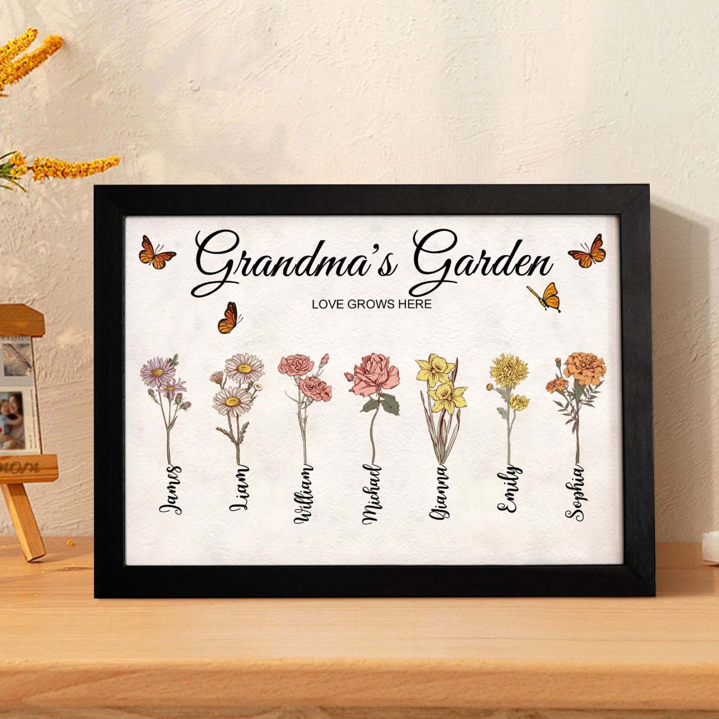 Custom Grandma's Garden Vintage Wooden Photo Frame Personalized Birth Flower Photo Frame Mother's Day Gift - yournamenecklaceau