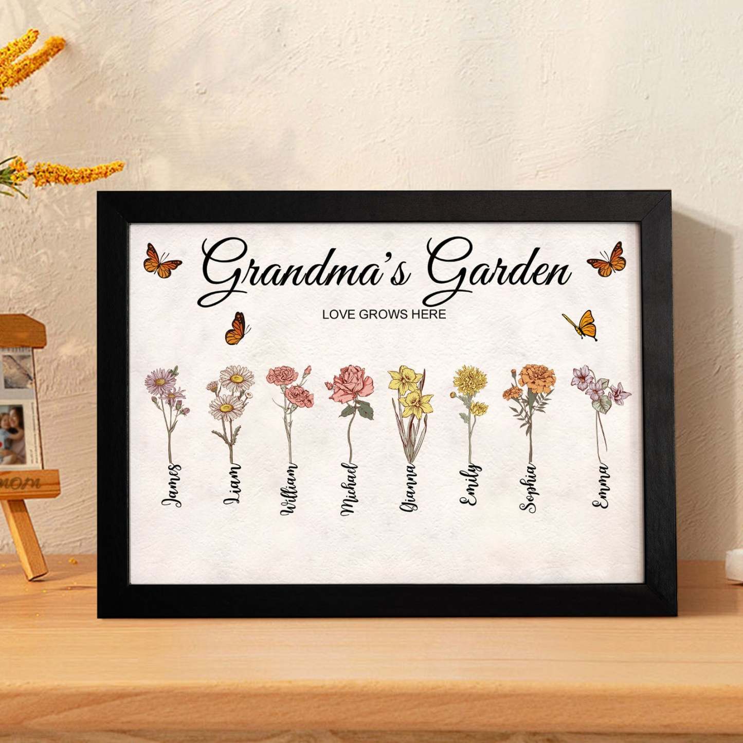 Custom Grandma's Garden Vintage Wooden Photo Frame Personalized Birth Flower Photo Frame Mother's Day Gift - yournamenecklaceau