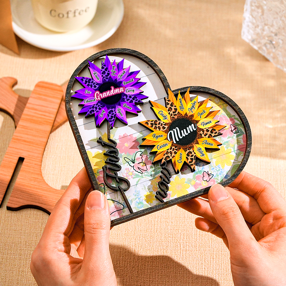 Personalized Names Wooden Plaque Heart Sunflower Gifts for Mom, Grandma Family Home Decor - yournamenecklaceau