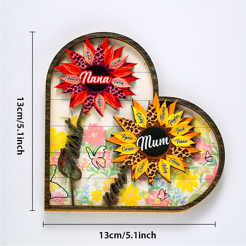 Personalized Names Wooden Plaque Heart Sunflower Gifts for Mom, Grandma Family Home Decor - yournamenecklaceau
