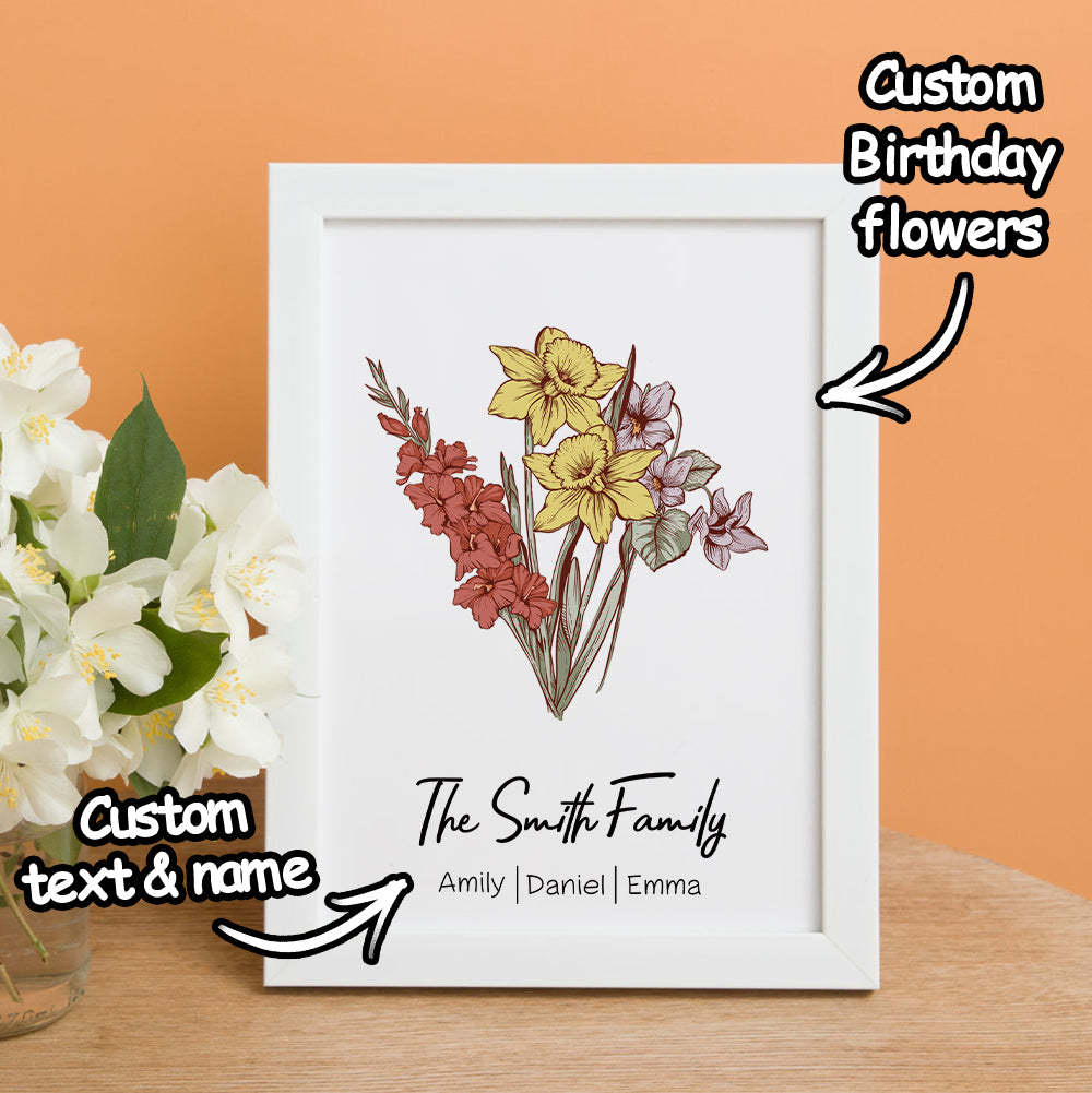 Personalized Birth flower Bouquet White Names Frame Gift for Mom - yournamenecklaceau