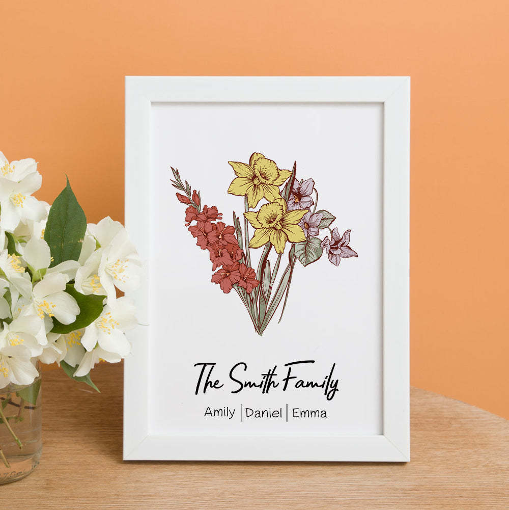 Personalized Birth flower Bouquet White Names Frame Gift for Mom - yournamenecklaceau
