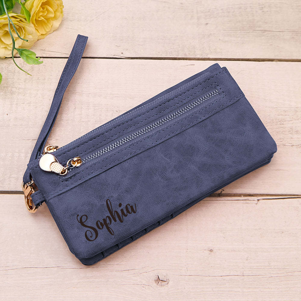 Personalized Leather Wallet with Wristlet Custom Text Wallet Birthday Bridesmaid Gift for Her - yournamenecklaceau