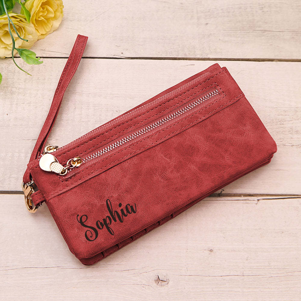 Personalized Leather Wallet with Wristlet Custom Text Wallet Birthday Bridesmaid Gift for Her - yournamenecklaceau