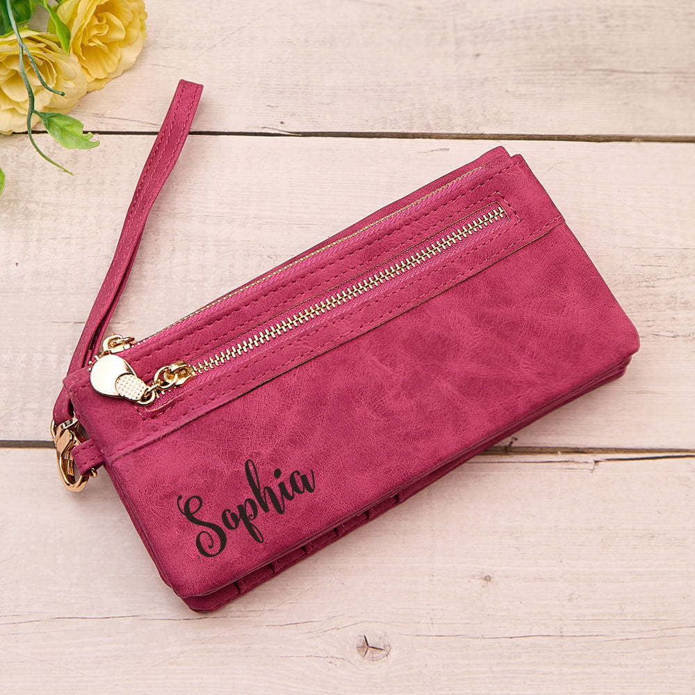 Personalized Leather Wallet with Wristlet Custom Text Wallet Birthday Bridesmaid Gift for Her - yournamenecklaceau