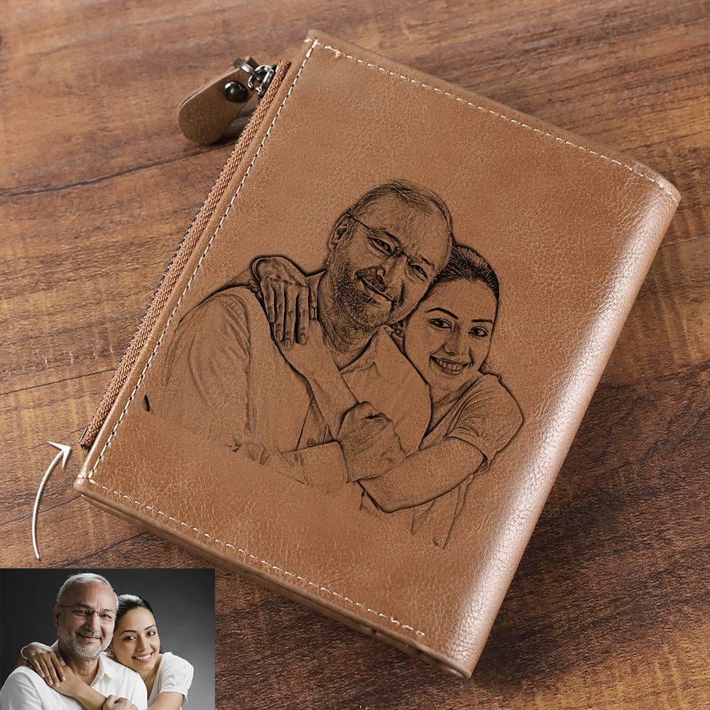 Men's Short Style Custom Inscription Photo Engraved Wallet with Cross Pattern - Brown Leather - yournamenecklace