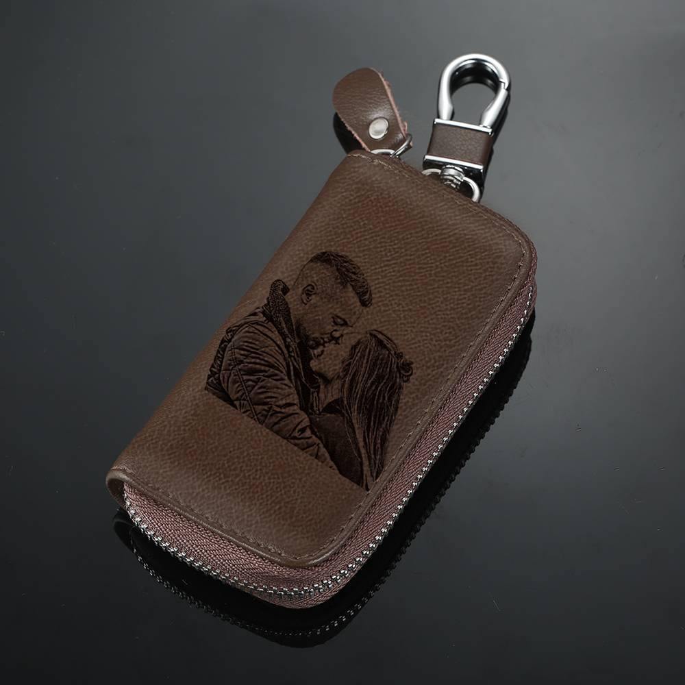 Photo Engraved Key Wallet, Leather Key Case Brown - yournamenecklace