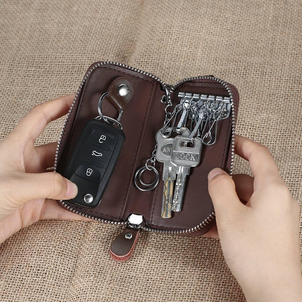 Photo Engraved Key Wallet, Leather Key Case Brown - yournamenecklace